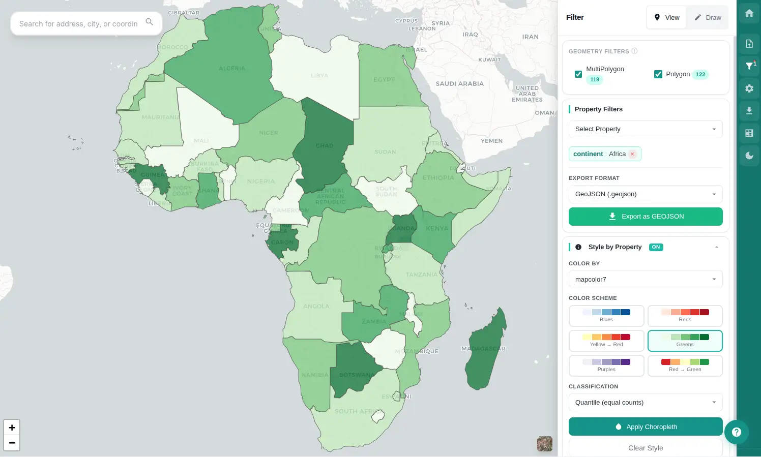 GeoDataTools showing choropleth map of Africa with filter and style controls